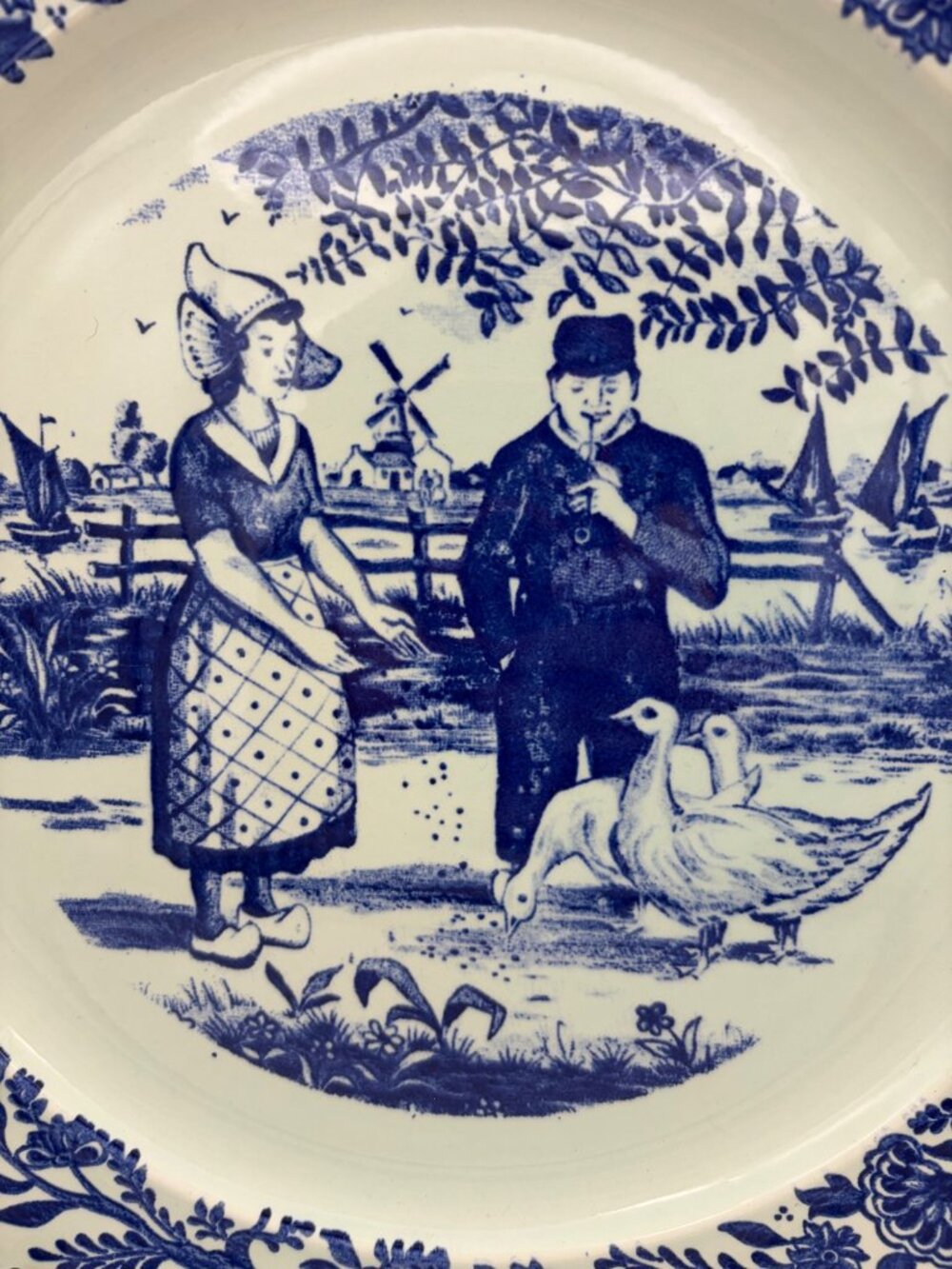 Vintage Delft Blue Dutch Couple Geese Windmill 12.75in Charger Plate Decor Wall - Picture 4 of 6